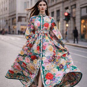 Lai Ming Five Cats Original Floral Belted Maxi Dress Lantern Sleeves Size Medium